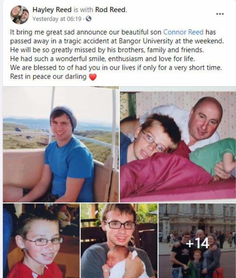 والدة كونور ريد-اول بريطاني يصاب بكورونا-تعلن وفاته في حادث بجامعة بانجور، وذلك على حسابها بالفيس بوك