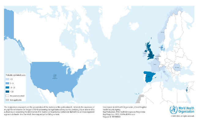 خريطة توزيع  حالات التهاب الكبد الغامضة في الاطفال بعد اكتشافها في 12 دولة